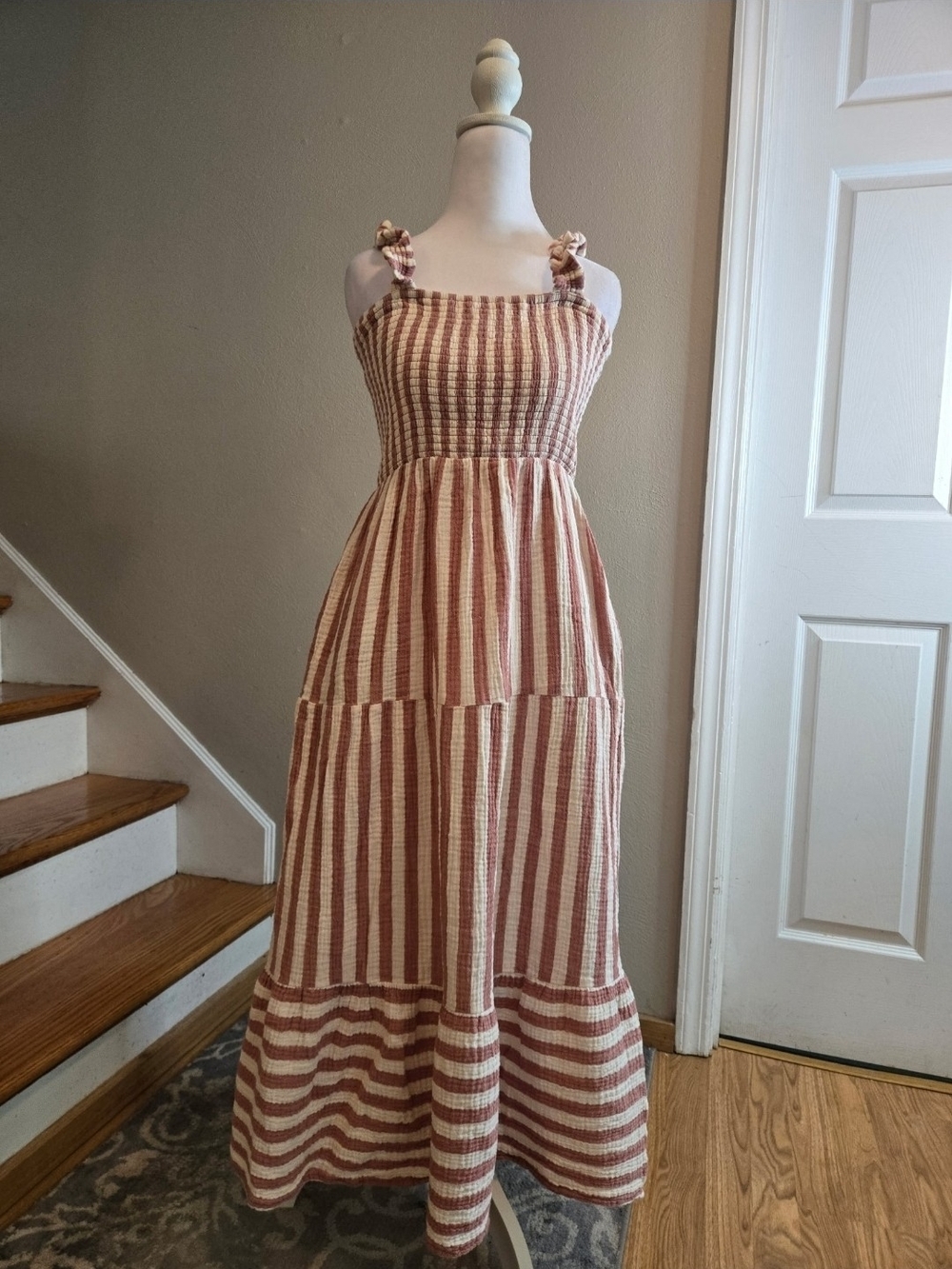 Marine Layer Selene Cream and Rust Striped Smocked Tiered Maxi Dress Size Medium